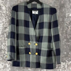 Kasper ASL Petites Sz 8P Checkered V Neck Blazer Jacket Long Sleeve Button Lined